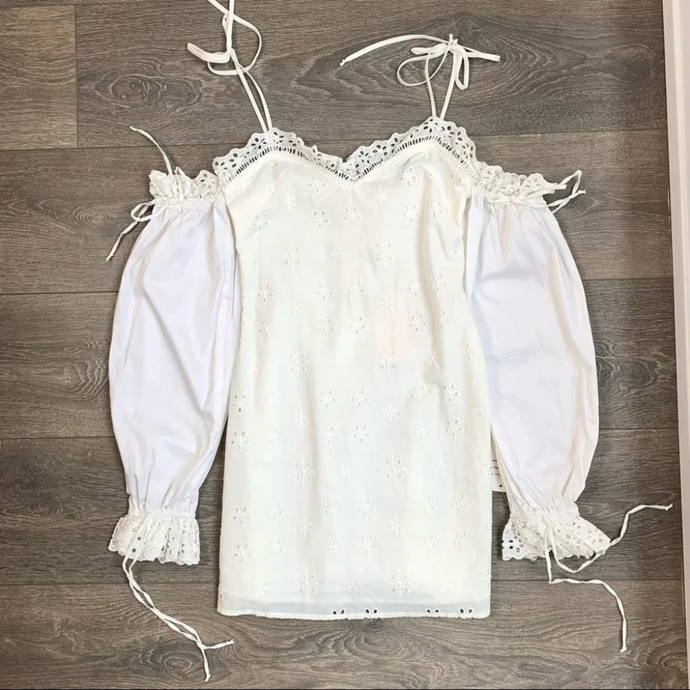 For Love & Lemons Vera Eyelet Ruffle Lace Mini Dress White Size Small - Picture 4 of 16